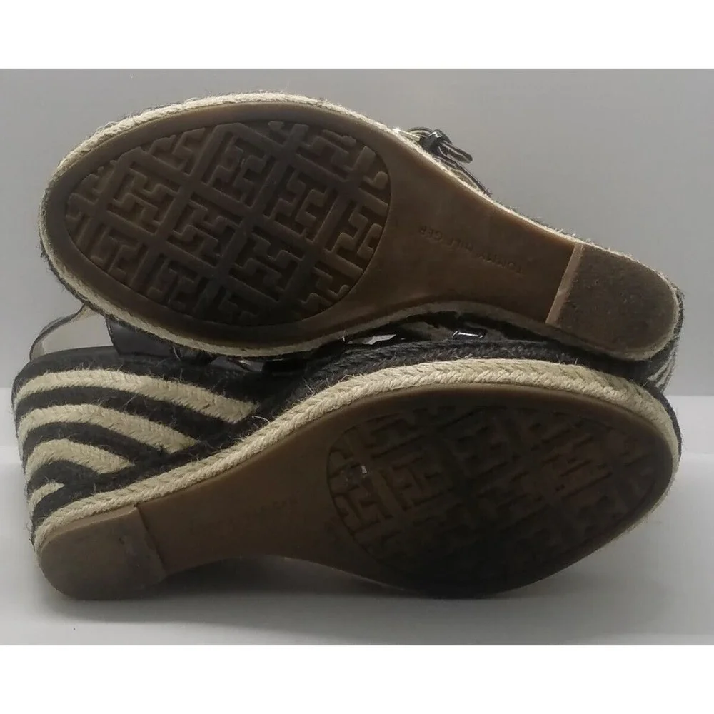 Tommy Hilfiger Espadrille Wedge Slingback Sandals SZ 10M Black Stripped Heel